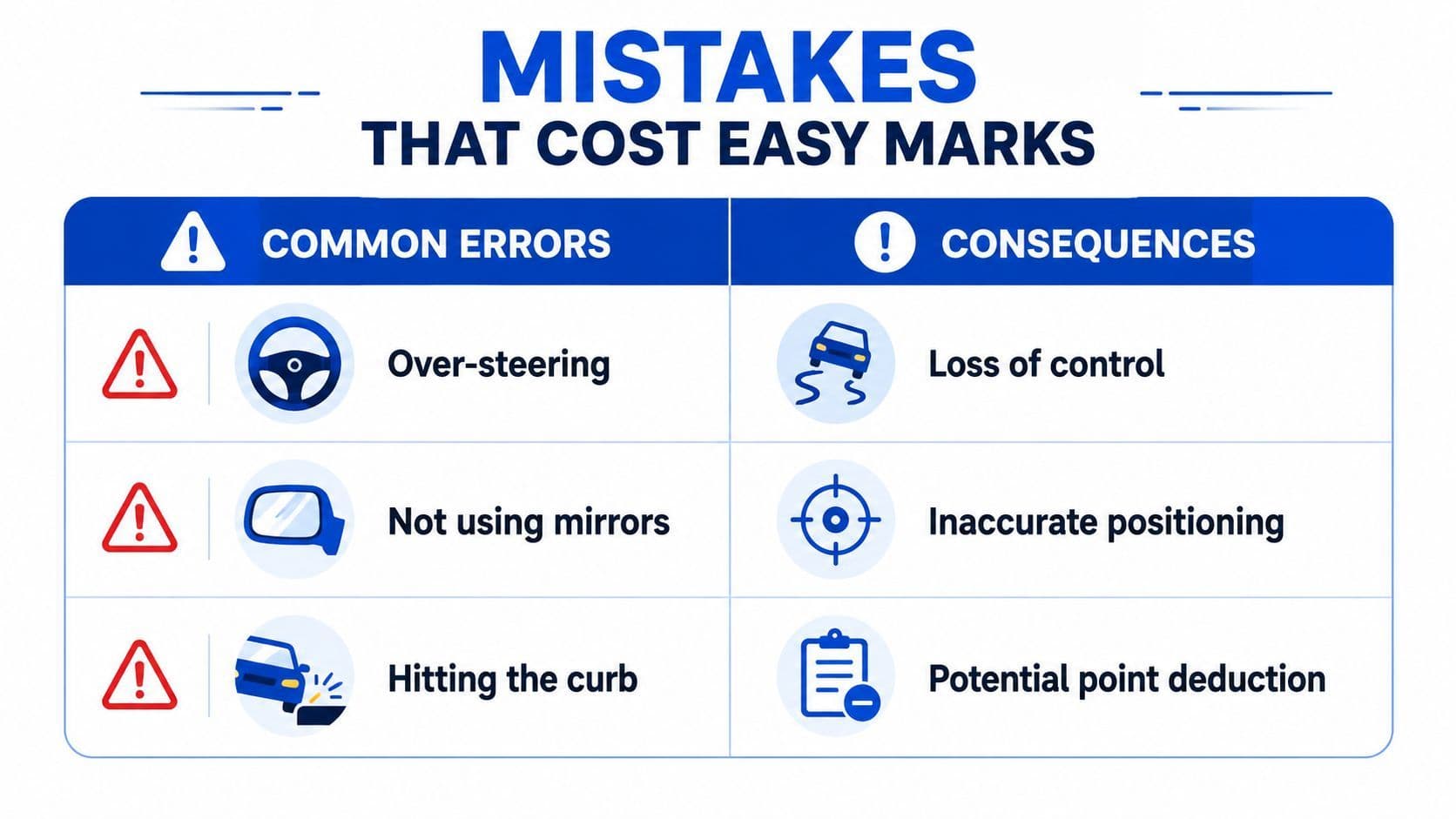 A table outlining three common driving test mistakes such as over-steering, not using mirrors, and hitting the curb.