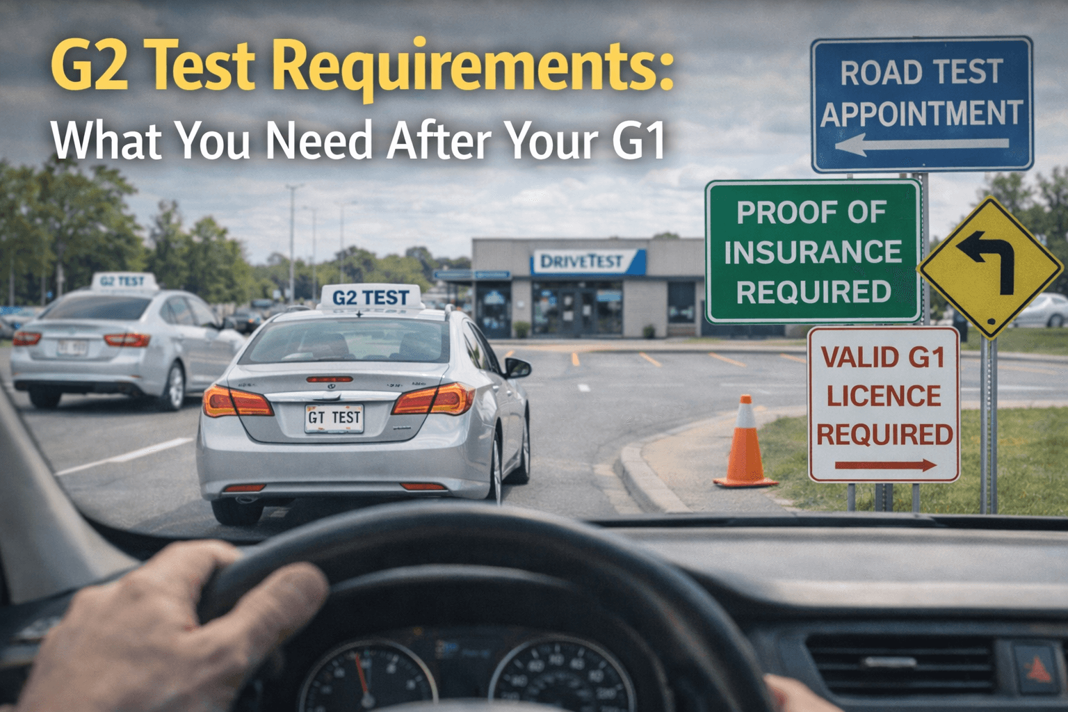 Ontario DriveTest centre showing G2 road test vehicles and signs for valid G1 licence and proof of insurance requirements
