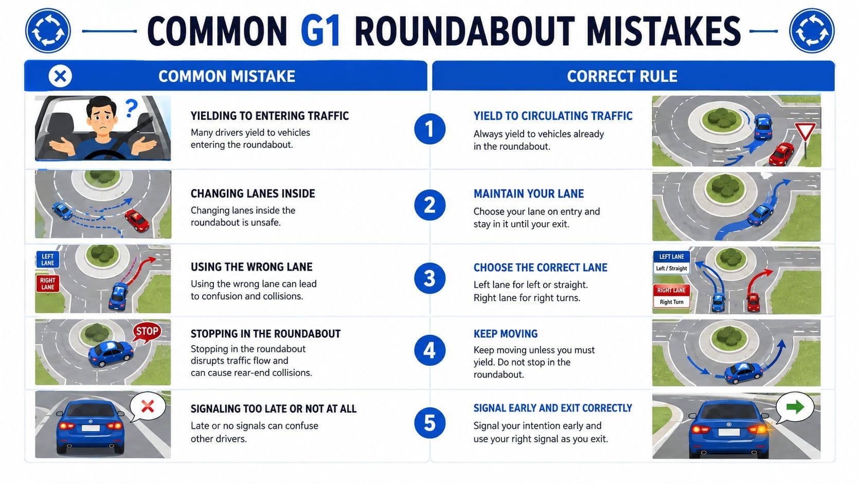 A visual guide explaining five common G1 driving test mistakes at roundabouts and the correct driving rules.