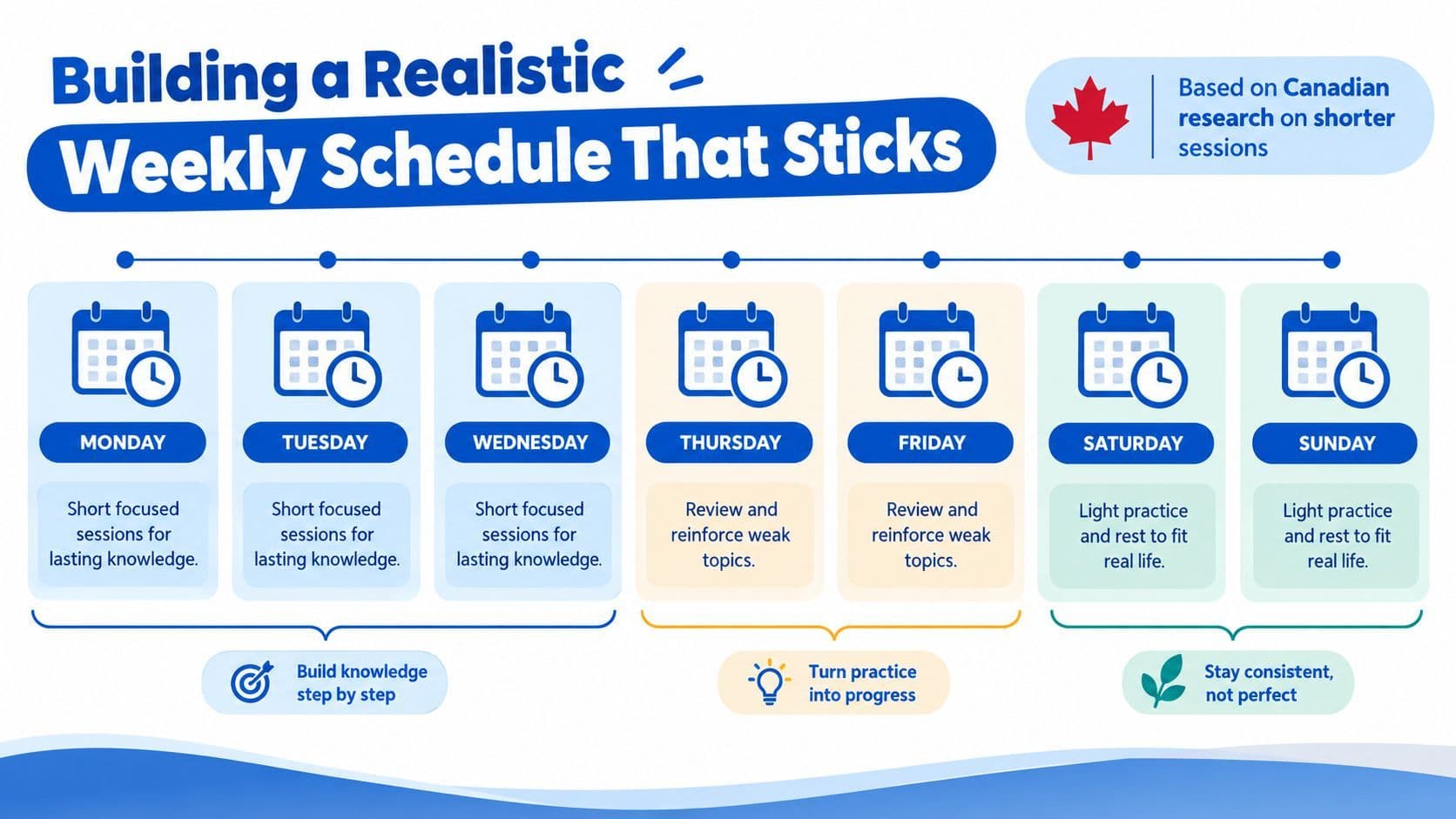A weekly study schedule infographic suggesting focused sessions, reviews, and light practice for consistent learning habits.