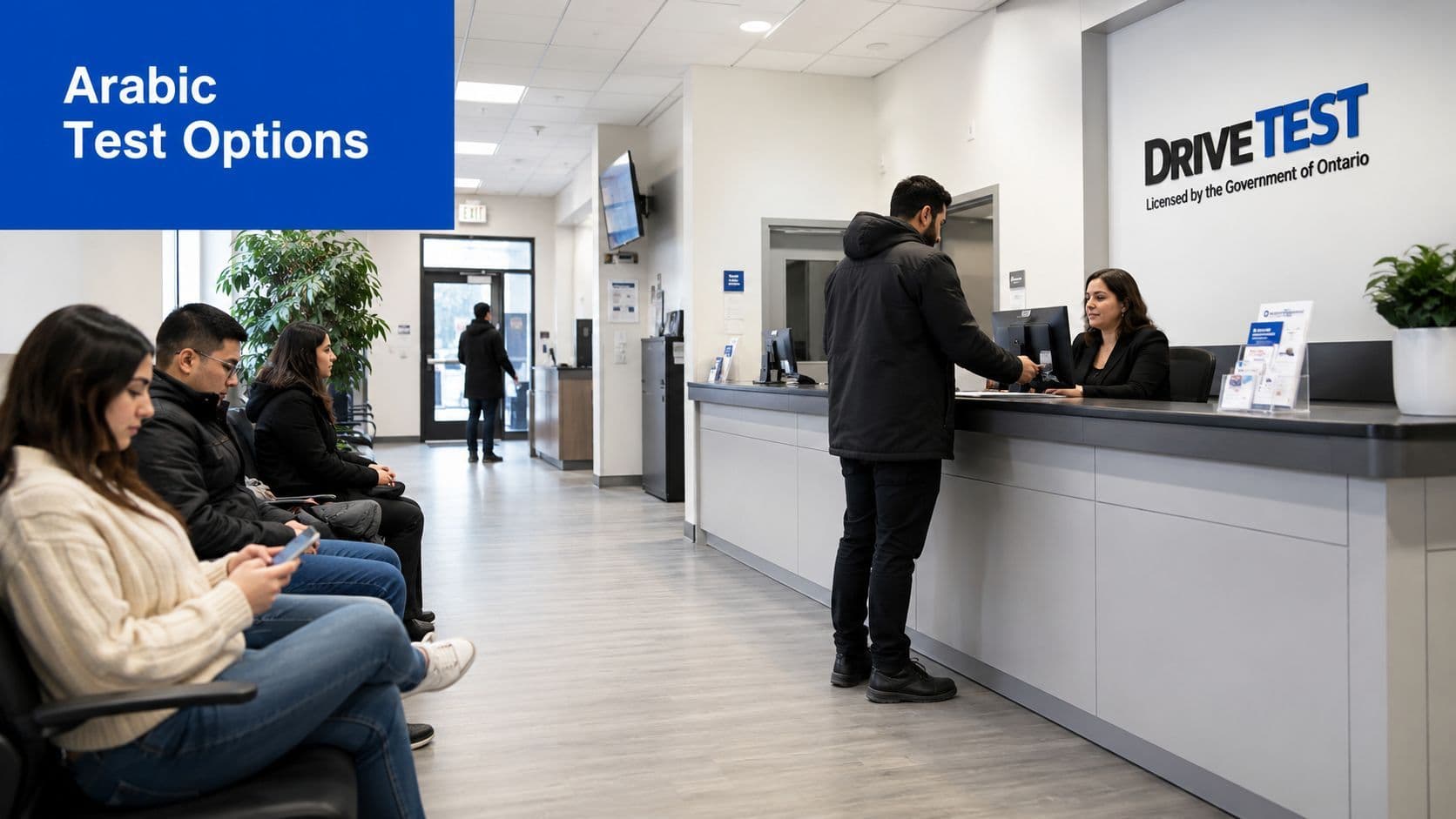 A customer at a DriveTest centre in Ontario speaking with a receptionist at the service counter.