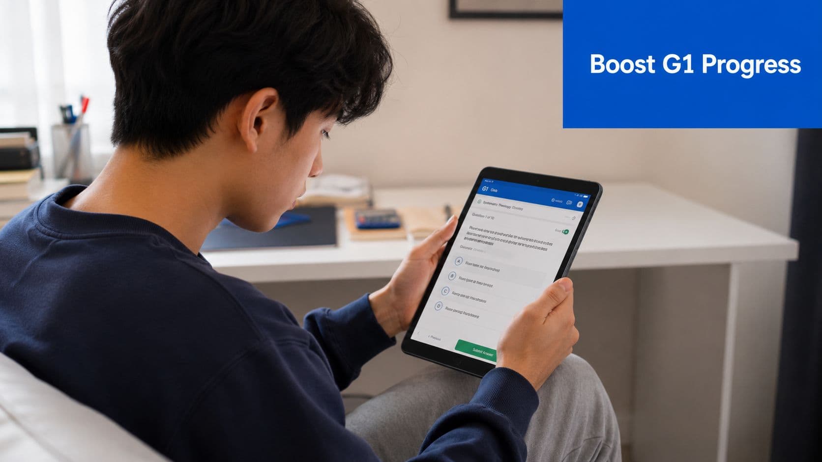 A young man sitting at a desk while studying for a G1 license exam on a tablet.