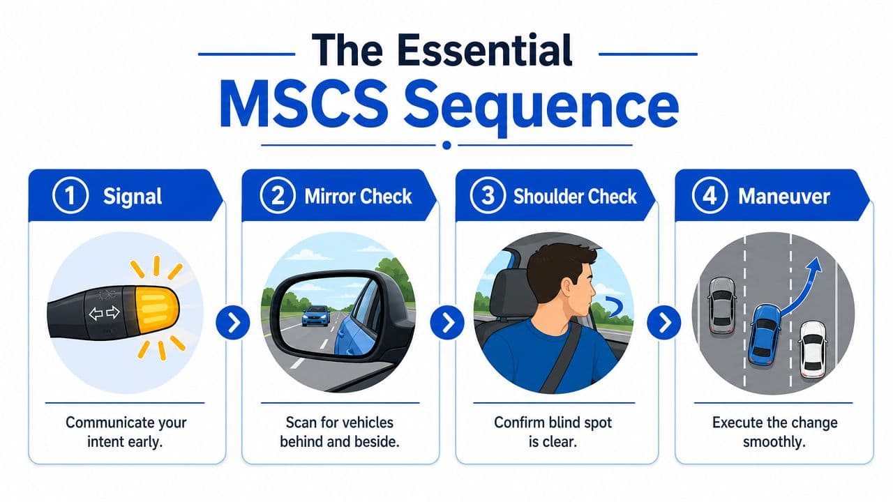 An infographic illustrating the four-step MSCS sequence for safe lane changing while driving.