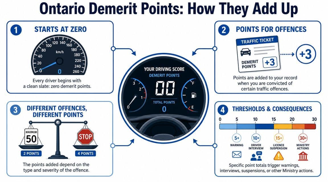 An infographic showing how Ontario demerit points accumulate, the consequences of offences, and threshold levels for drivers.