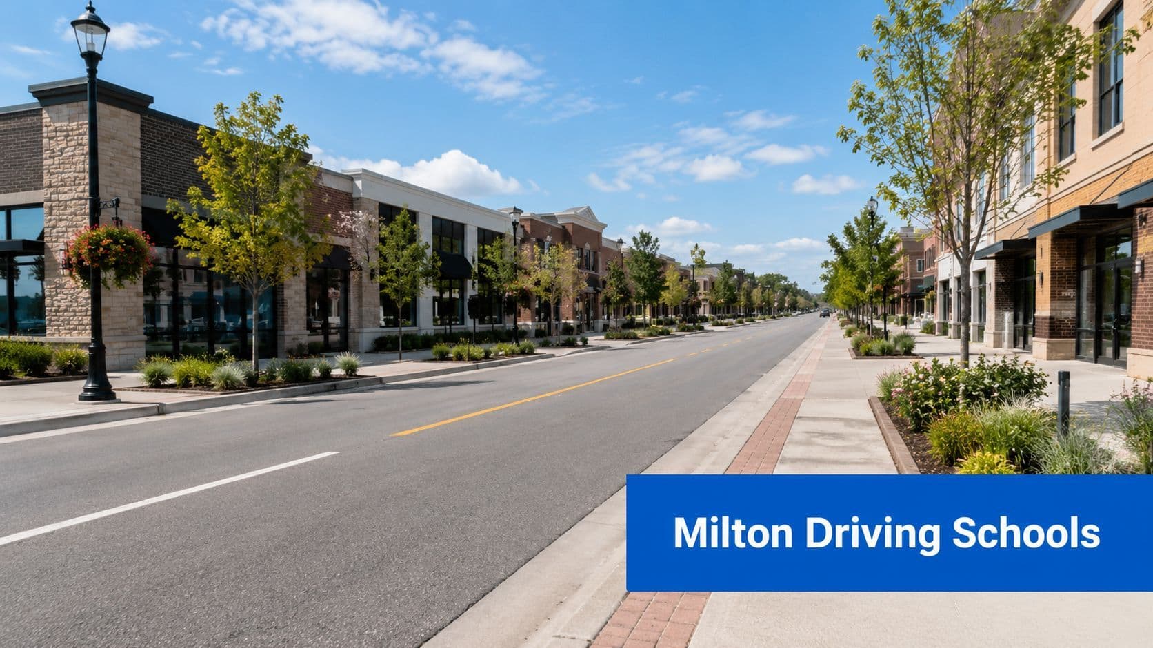 A quiet, scenic street lined with modern commercial buildings and trees in a suburban town setting.