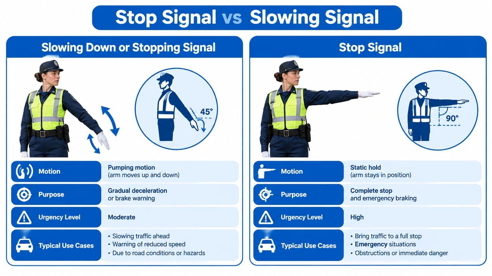 A diagram comparing traffic officer hand signals for slowing down versus coming to a complete stop.