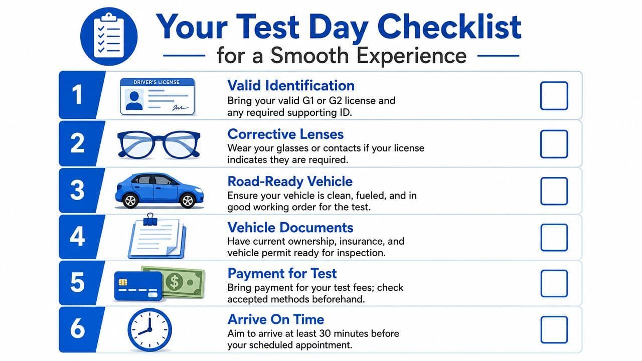 A checklist infographic detailing essential items and preparation steps required for an Ontario driving test appointment.