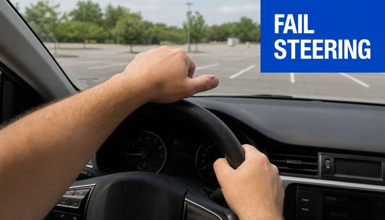A person driving a car, holding the steering wheel with both hands, seen from the driver's perspective.