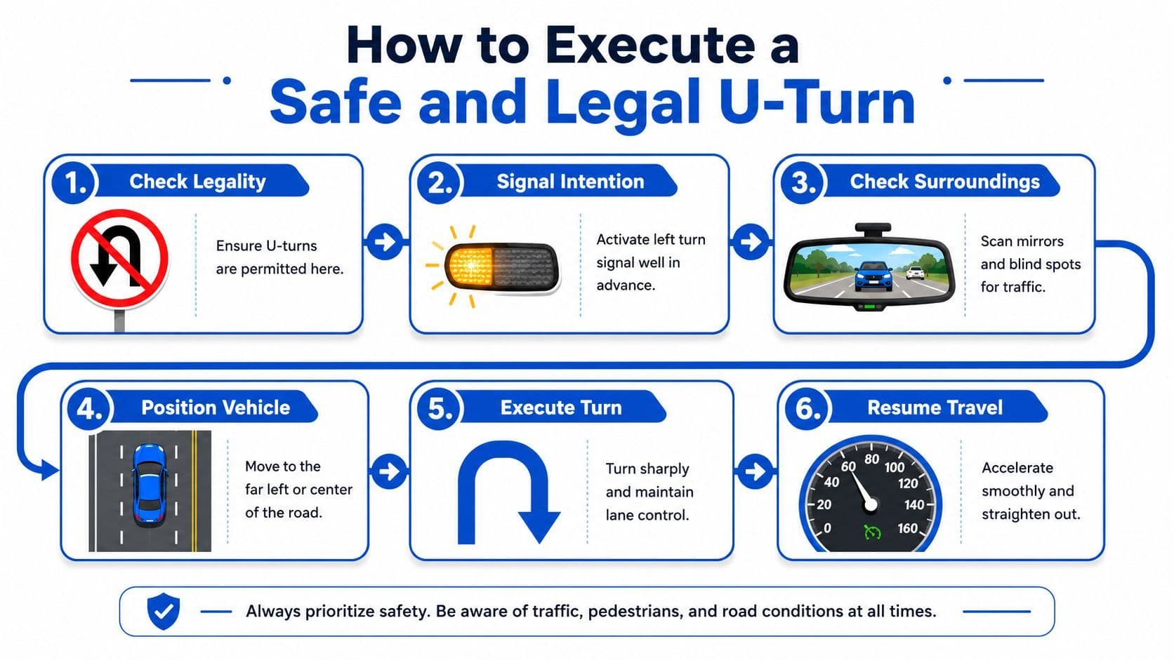 An infographic showing six sequential steps on how to execute a safe and legal U-turn.