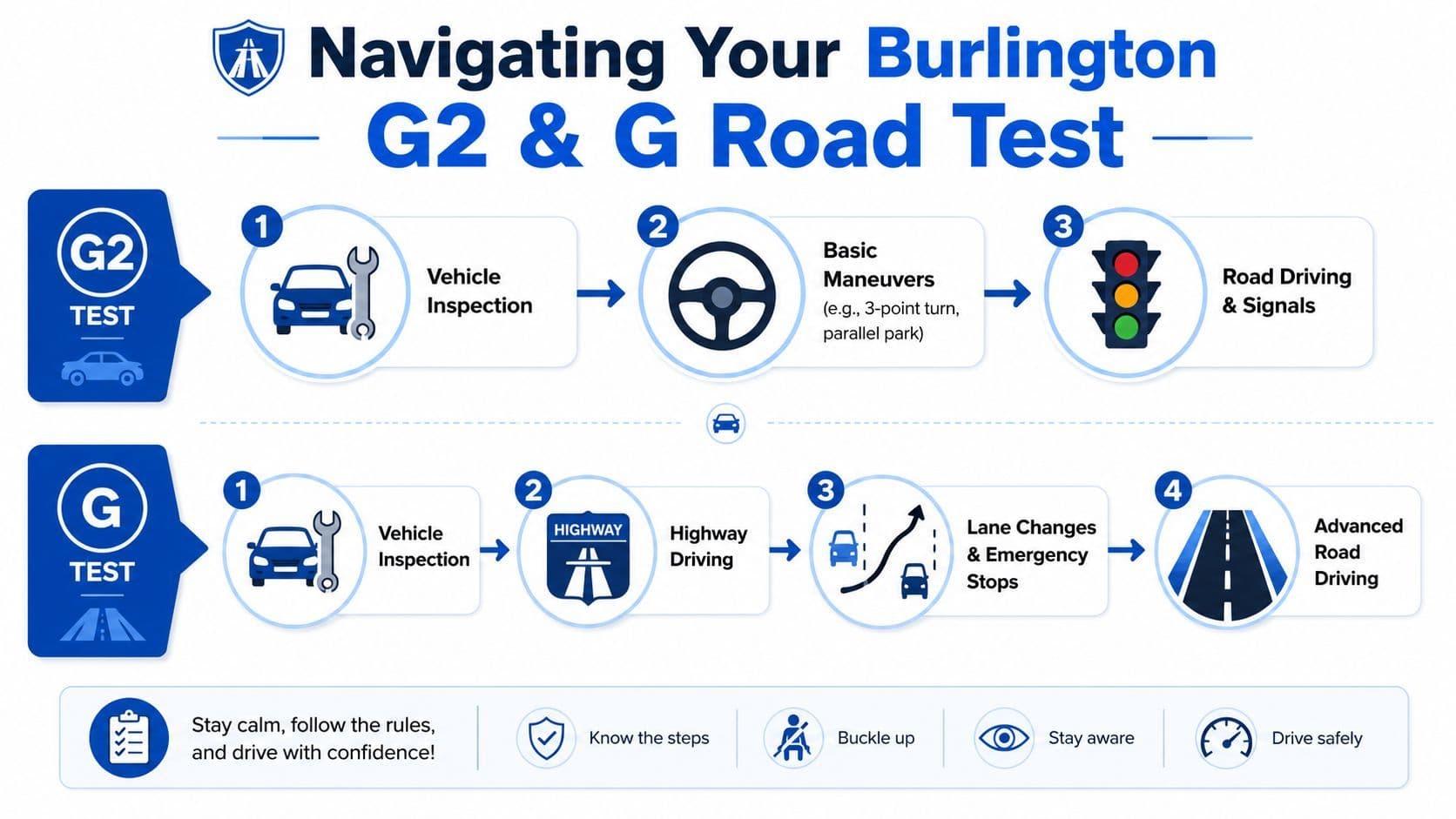 A visual guide outlining the steps for the Burlington G2 and G road driving tests.