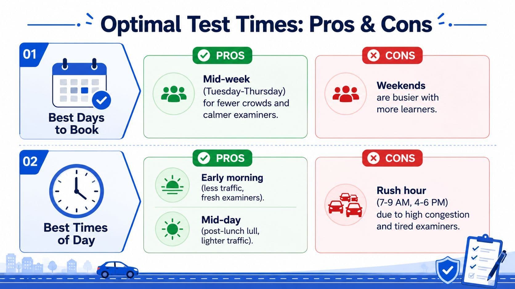 An infographic showing optimal days and times for taking a driving test to avoid traffic and congestion.