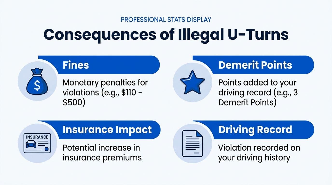 An infographic detailing the four main consequences of illegal U-turns: fines, demerit points, insurance impacts, and driving record.