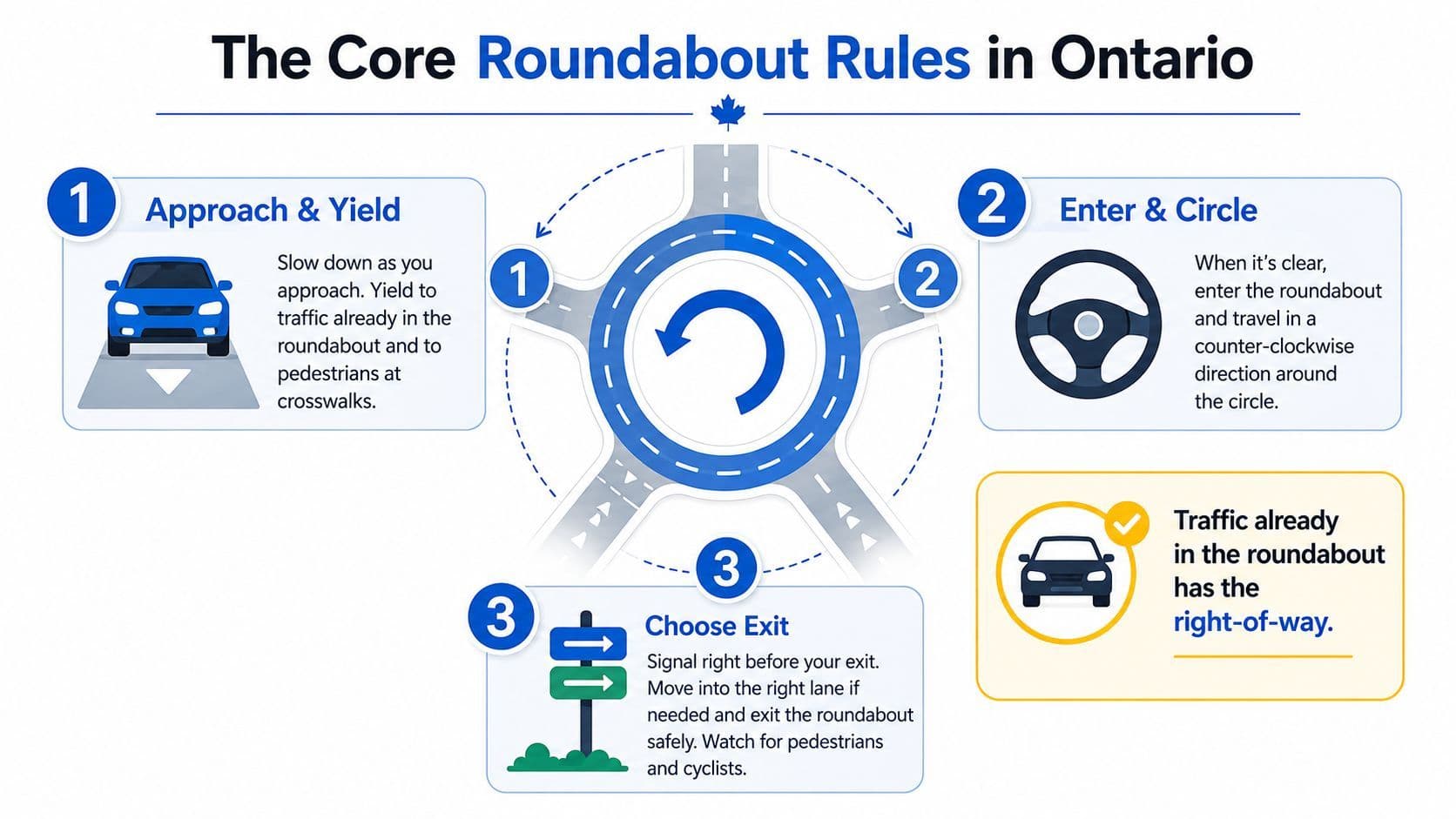An instructional infographic explaining the three main steps to safely navigate a roundabout in Ontario, Canada.
