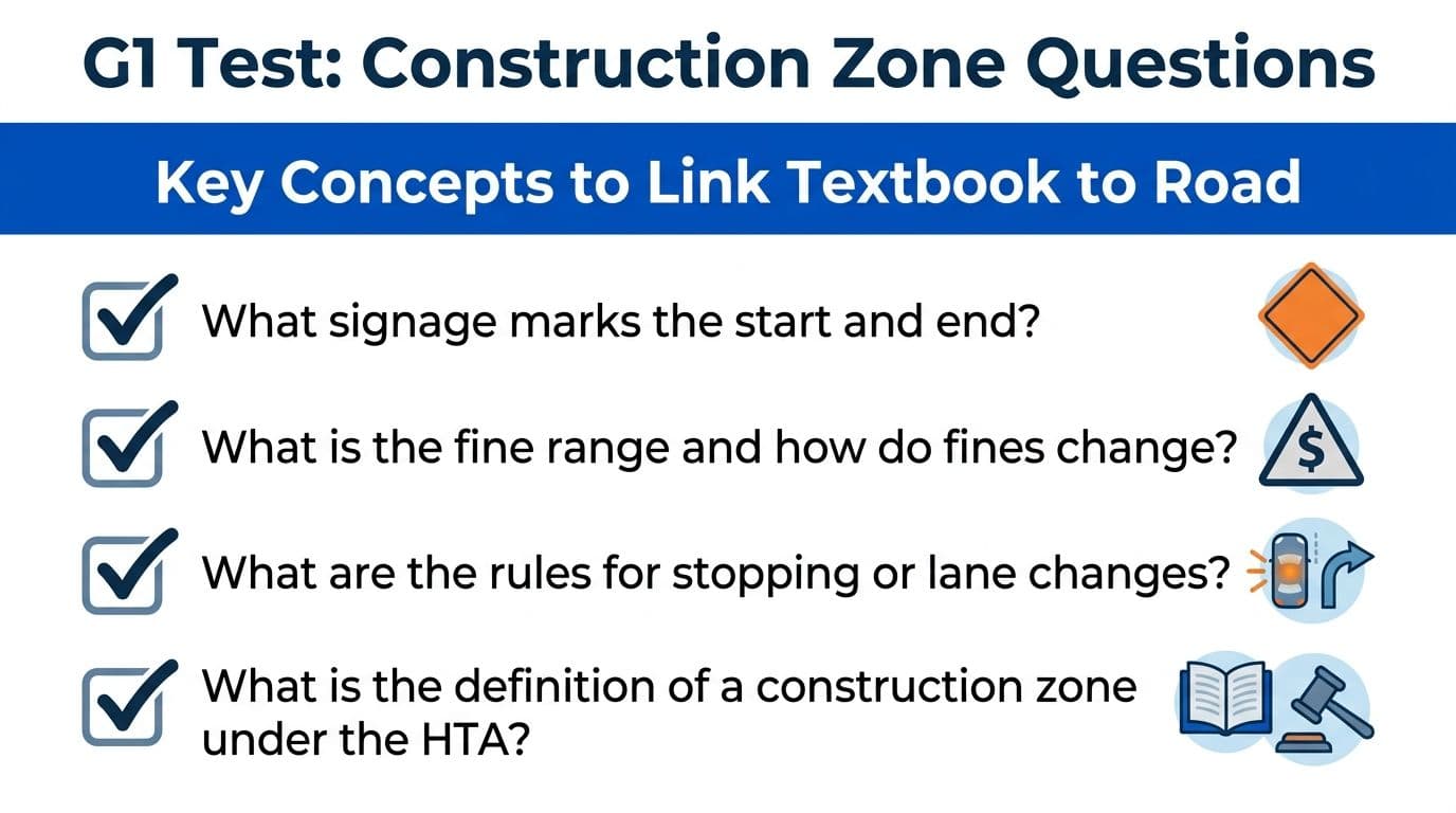 An educational infographic outlining key Ontario G1 test questions regarding construction zone driving rules and regulations.