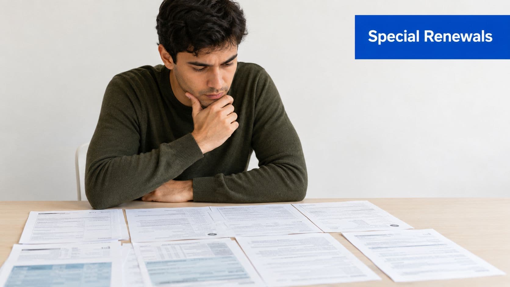 A man in a green sweater sits at a table contemplating various legal documents and paperwork.
