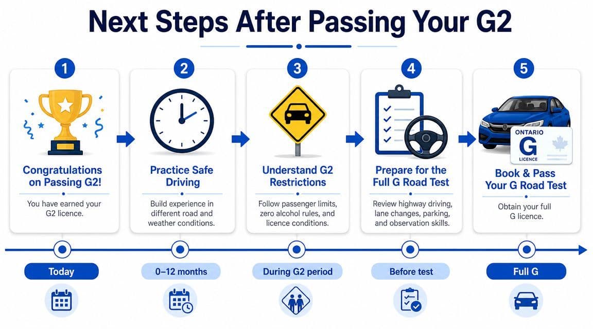 A five-step infographic showing the next steps after passing your G2 driving test in Ontario.