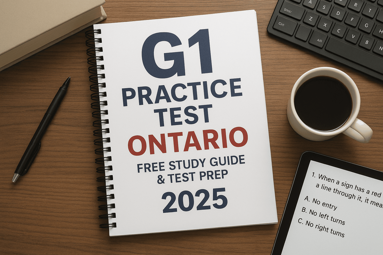 Study desk with a G1 Practice Test Ontario 2025 guide, coffee cup, pen, and tablet showing practice questions.
