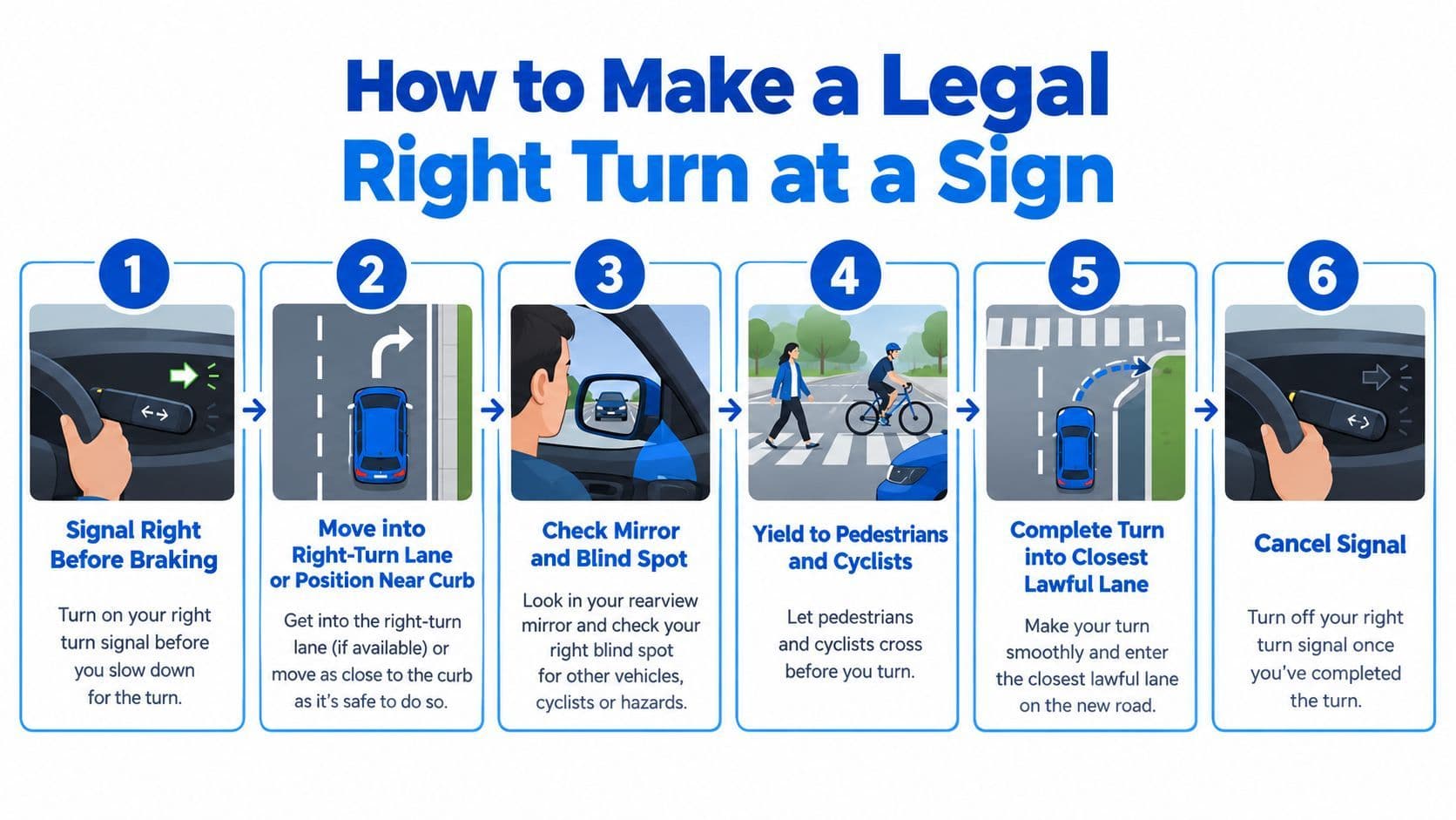 A 6-step infographic illustrating the proper procedure for making a legal right turn while driving.
