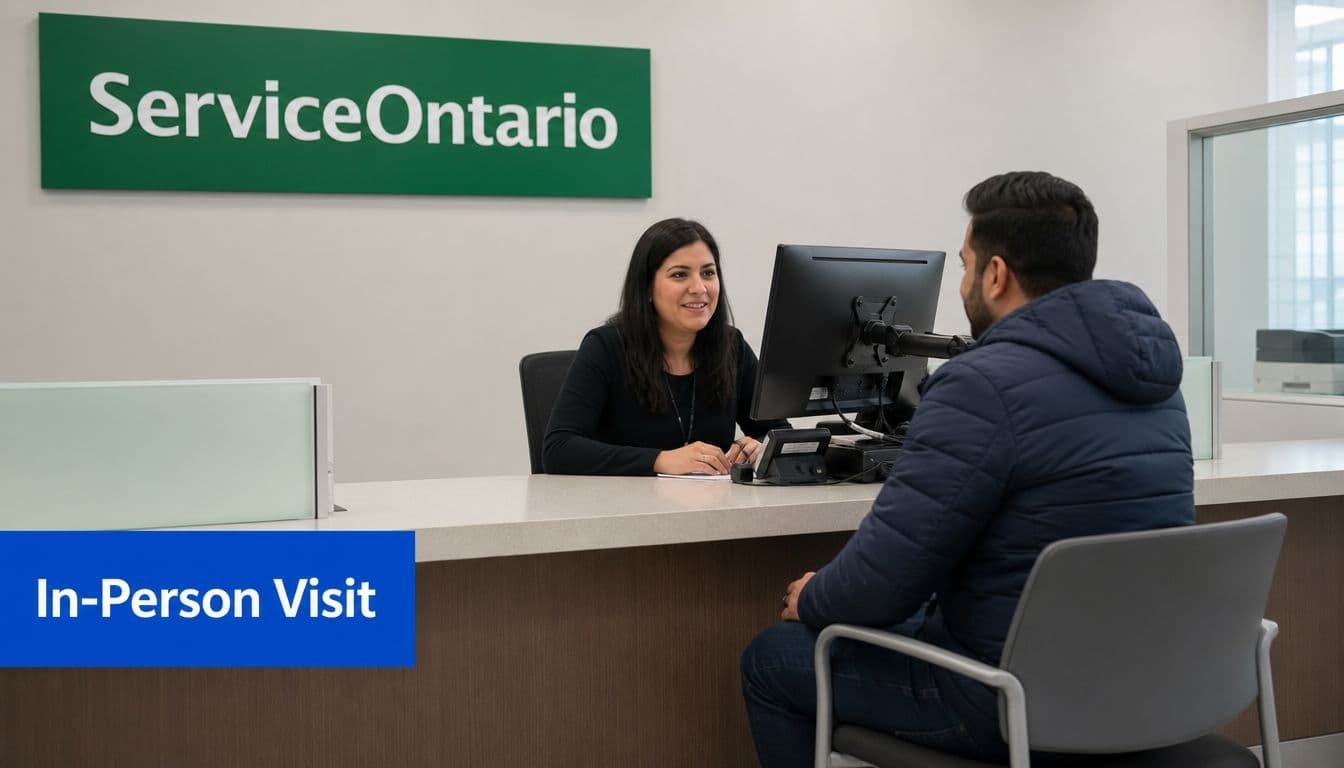 A service representative assists a man sitting at a desk during an in-person ServiceOntario office visit.
