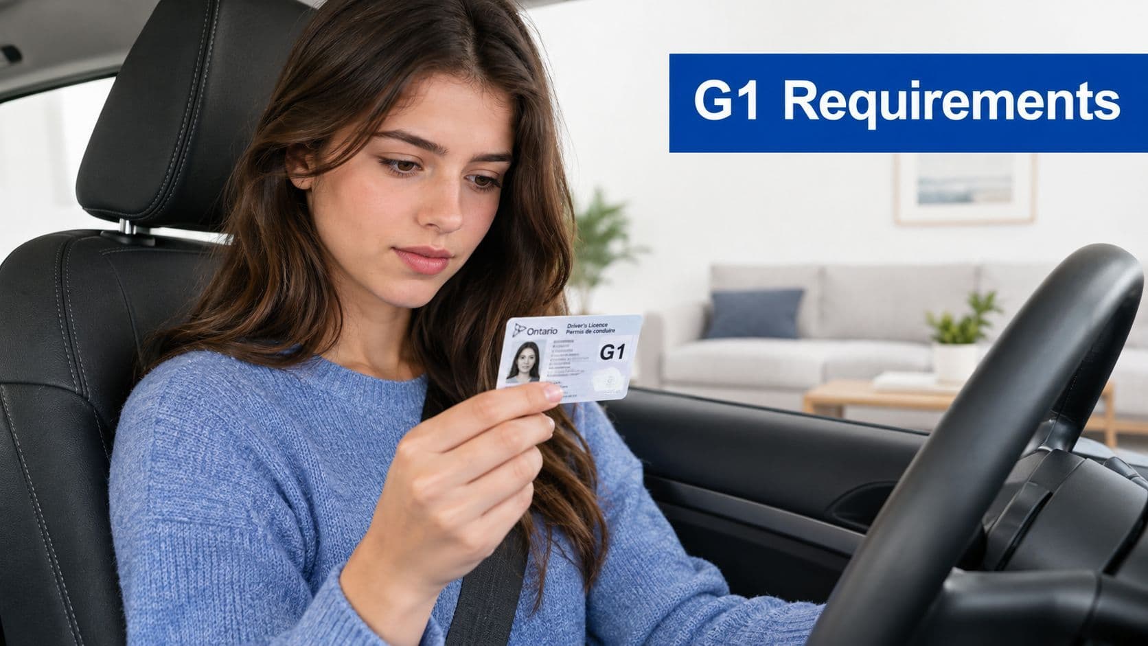 A young woman sitting in a car holding her Ontario G1 driver license for the camera.