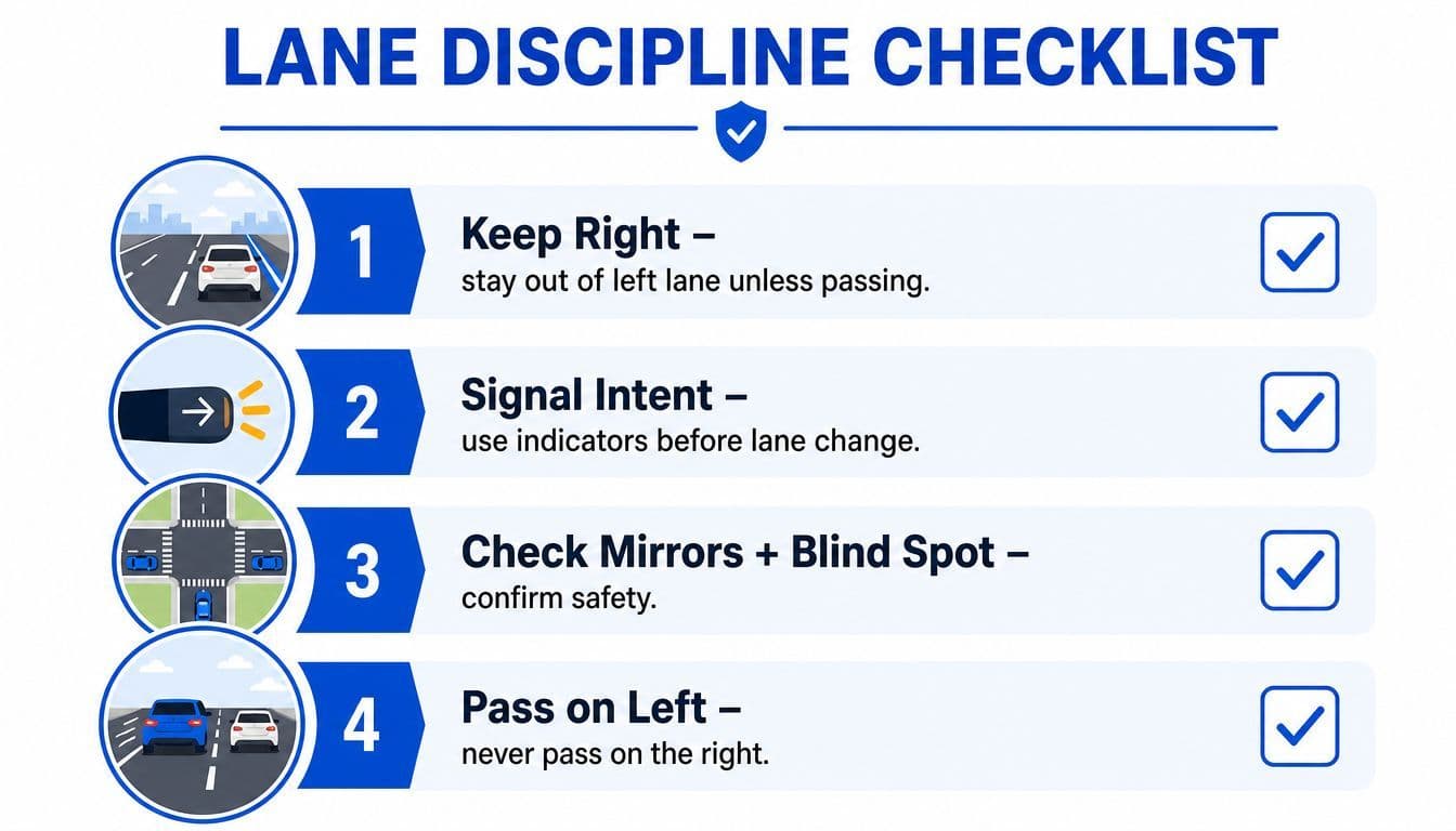 A checklist infographic titled Lane Discipline Checklist illustrating four essential safety rules for highway driving.