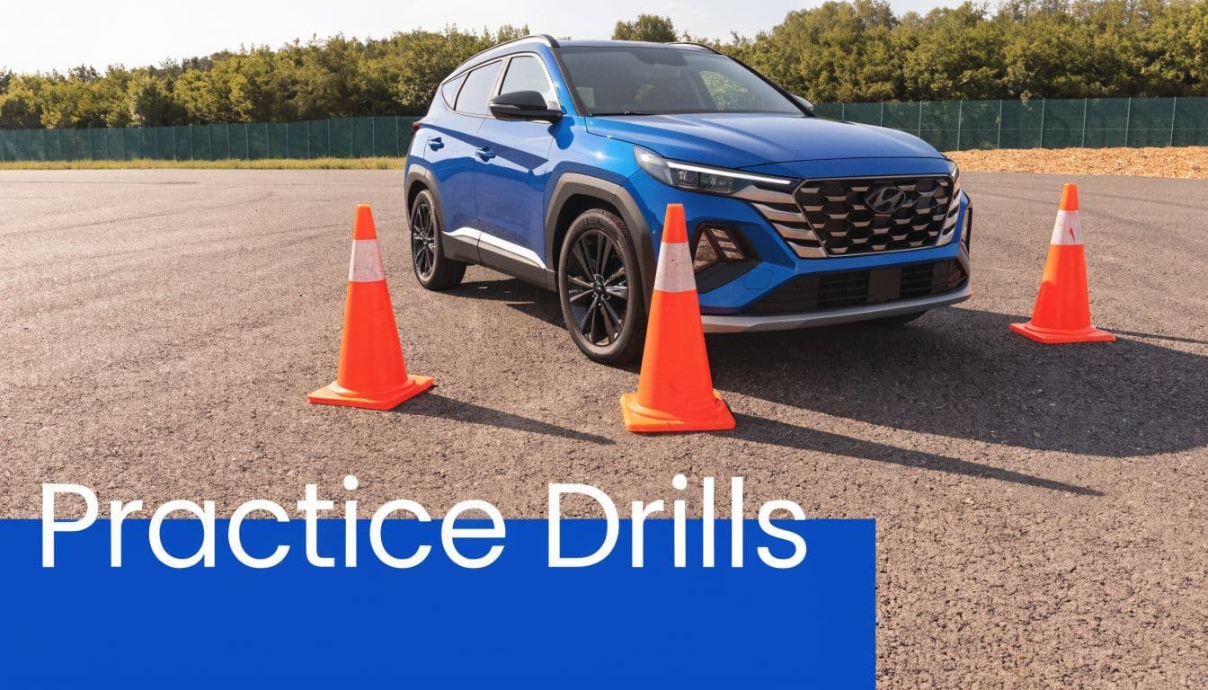 A blue SUV parked behind two orange traffic cones on an asphalt driving range course.