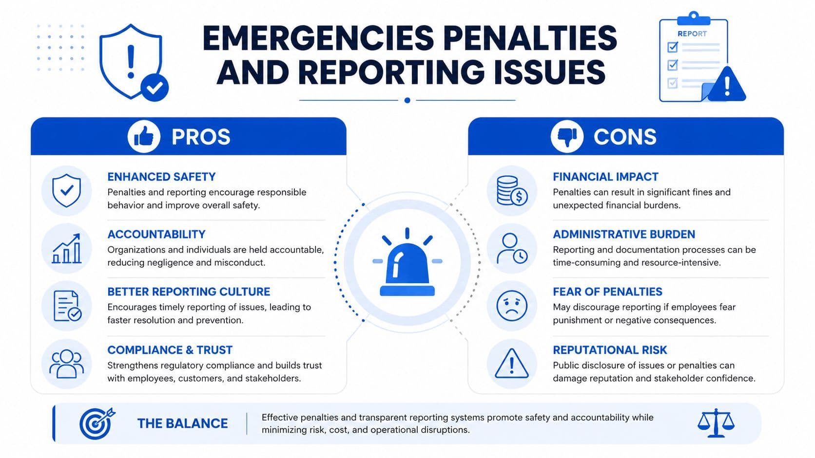 An infographic titled Emergencies Penalties and Reporting Issues detailing the pros and cons of regulatory compliance systems.