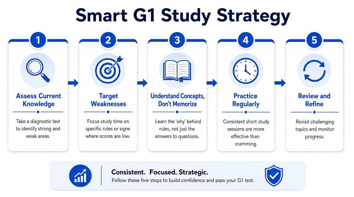 A Five-step Smart G1 Study Strategy infographic for passing Ontario driving test questions with ease.
