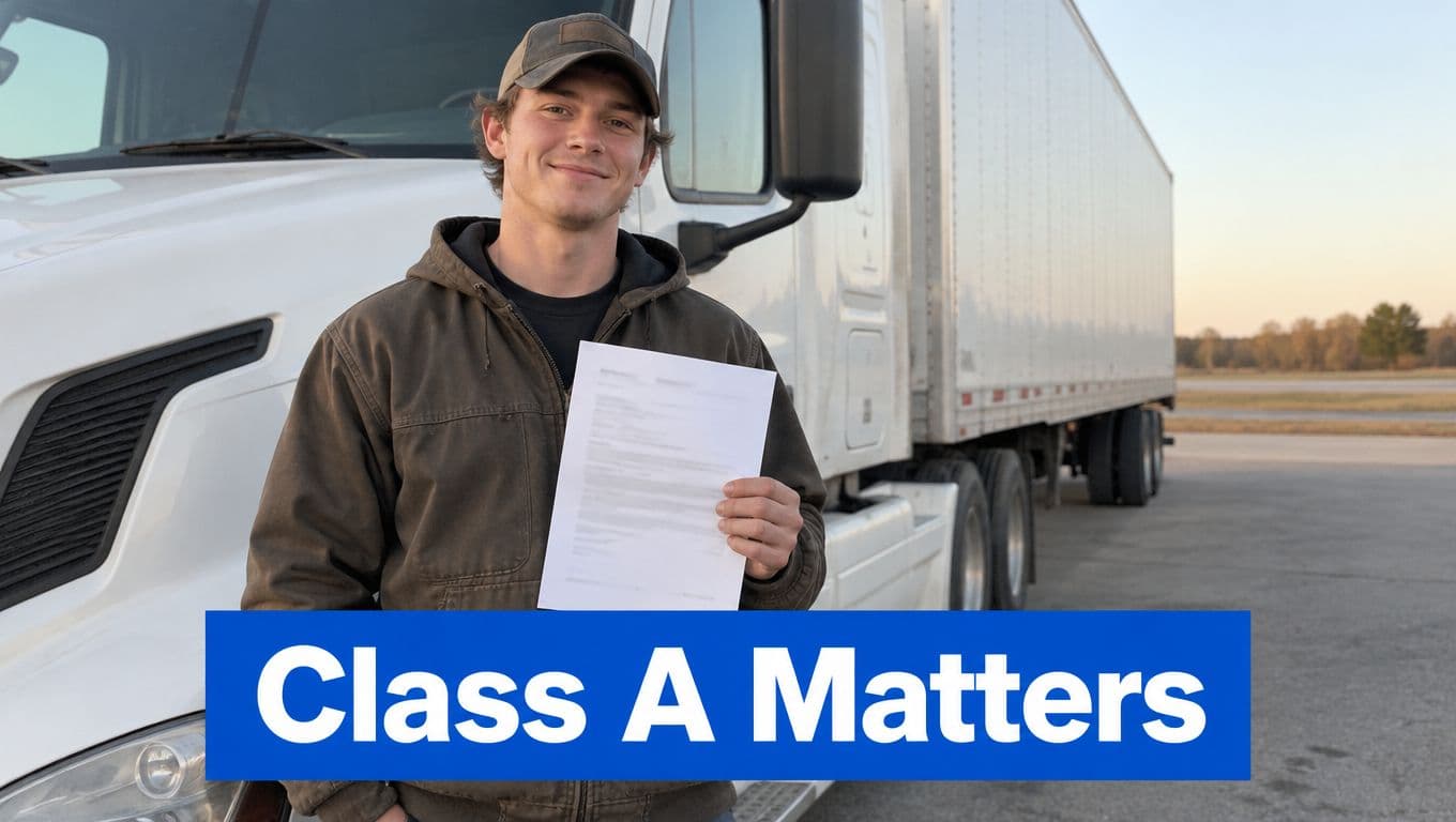 A smiling young truck driver stands in front of his semi-truck holding a document.