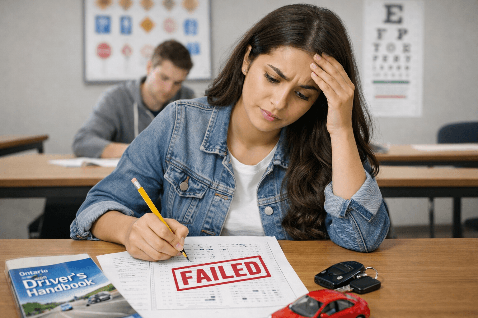 Woman failing Ontario G1 knowledge test while writing driving exam, showing common G1 test mistakes new drivers make