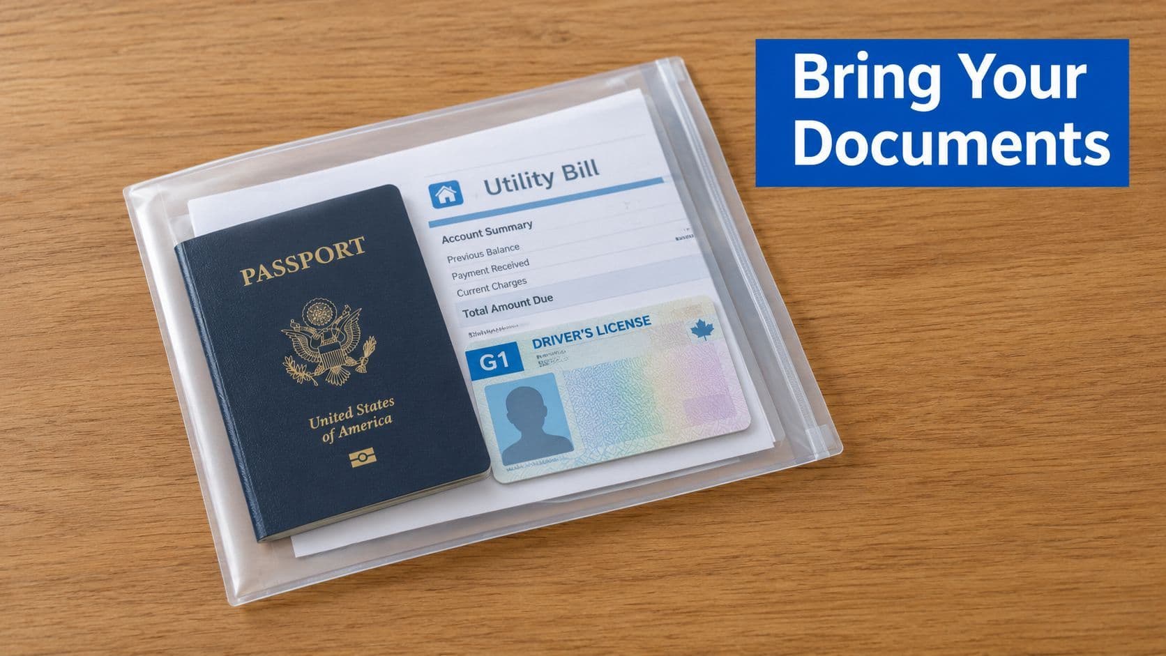 A passport, Canadian driver's license, and utility bill inside a clear document sleeve on a wooden desk.