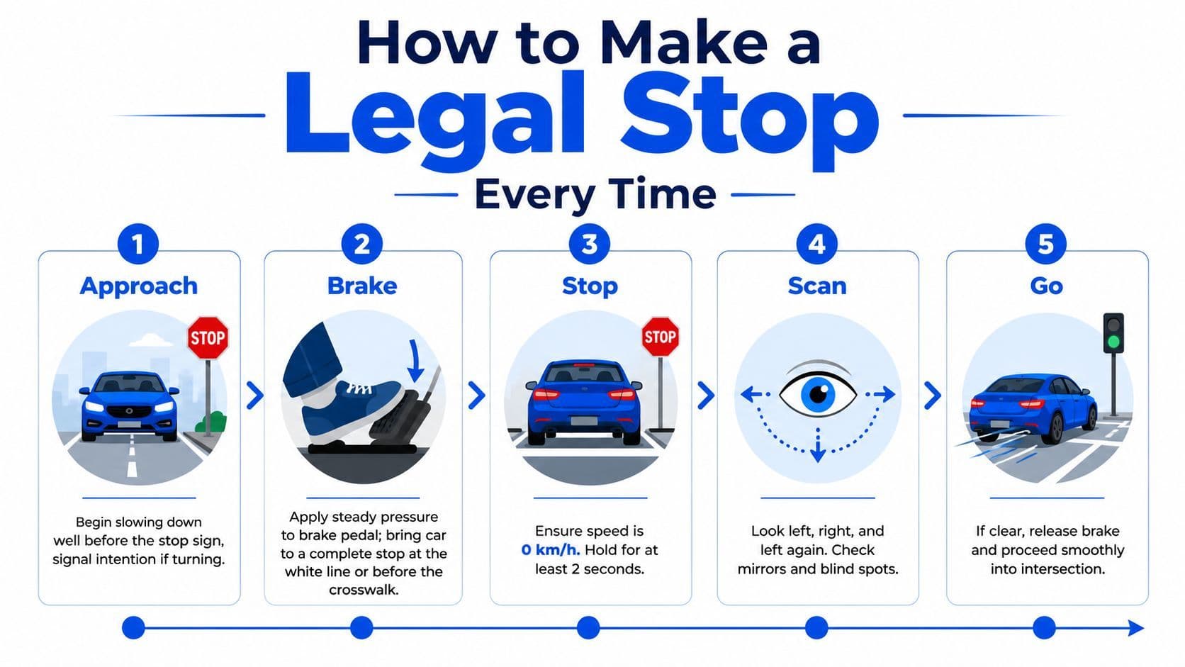 An infographic showing the five steps to make a legal vehicle stop at an intersection.