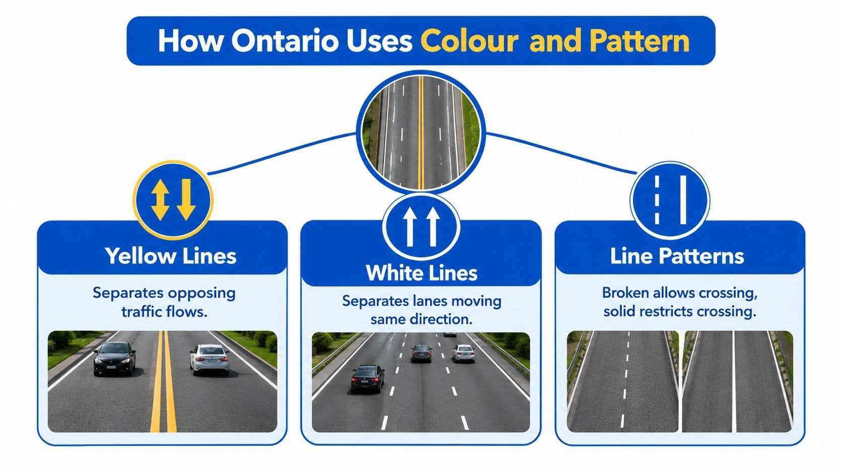 An infographic explaining Ontario road pavement markings, illustrating yellow lines, white lines, and their specific traffic meanings.