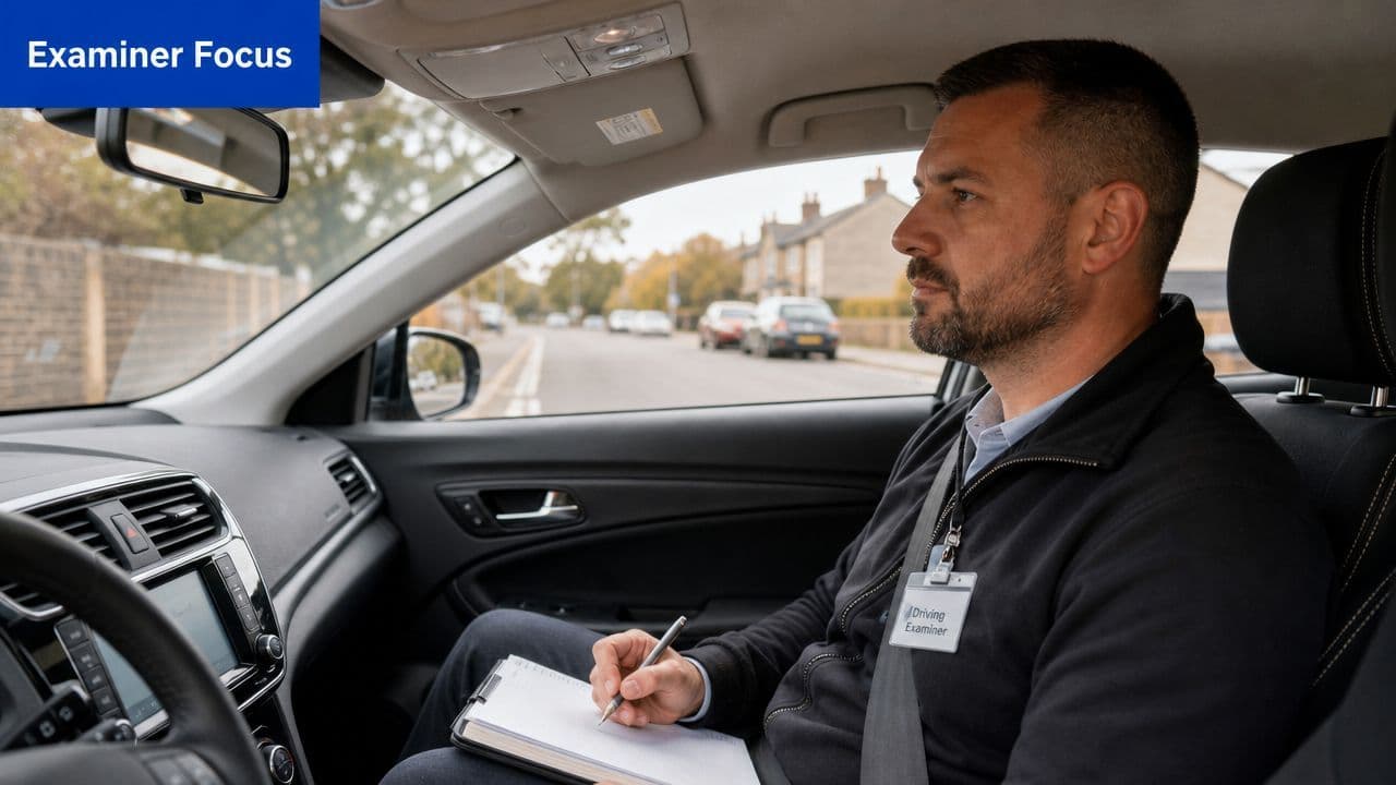 A professional driving examiner sitting in a car, taking notes on a clipboard while observing a candidate driver.