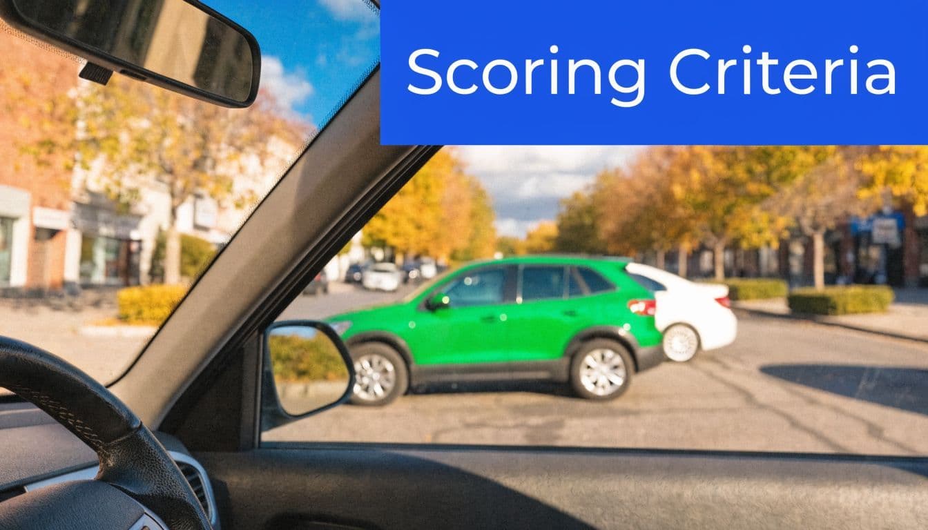 A view from inside a car looking out at other parked vehicles during a driving test.