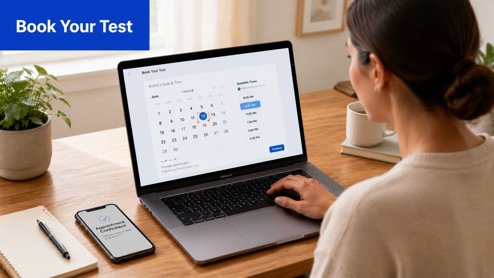 A woman using a laptop to schedule a driving test appointment while a confirmation displays on a smartphone.