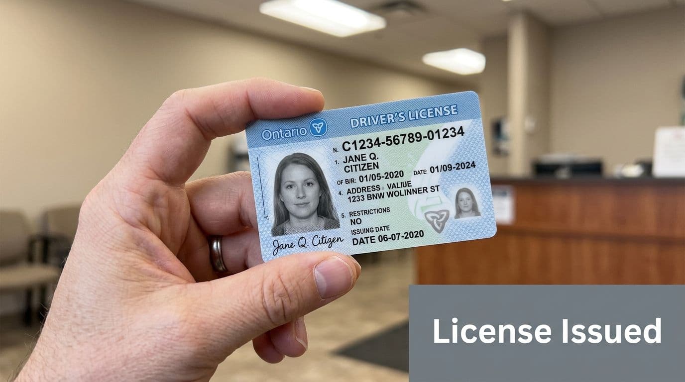 A person holding an Ontario driver's license card in front of a blurry office setting.