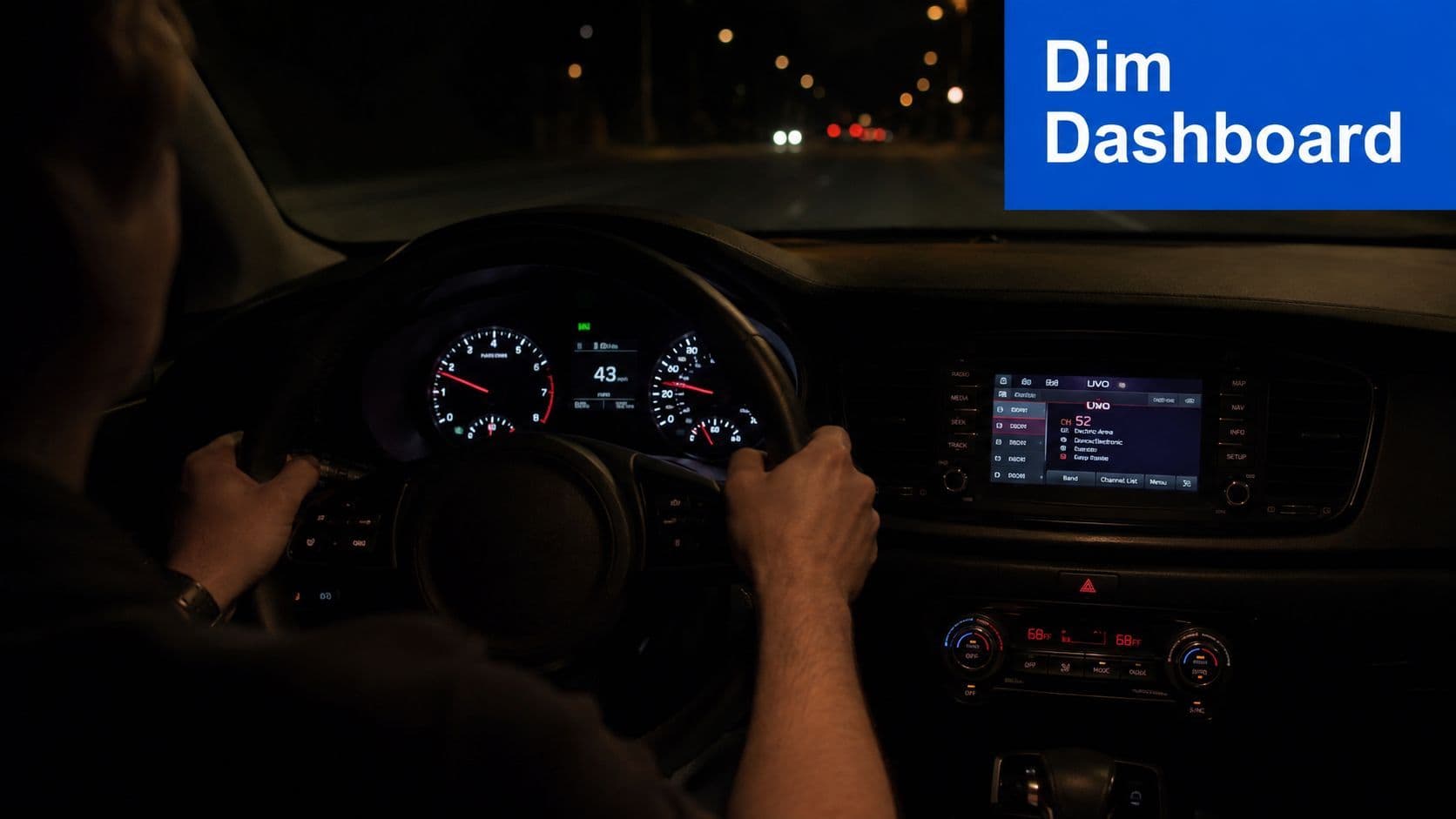 A person driving a car at night with a dimly lit dashboard and clear road ahead.
