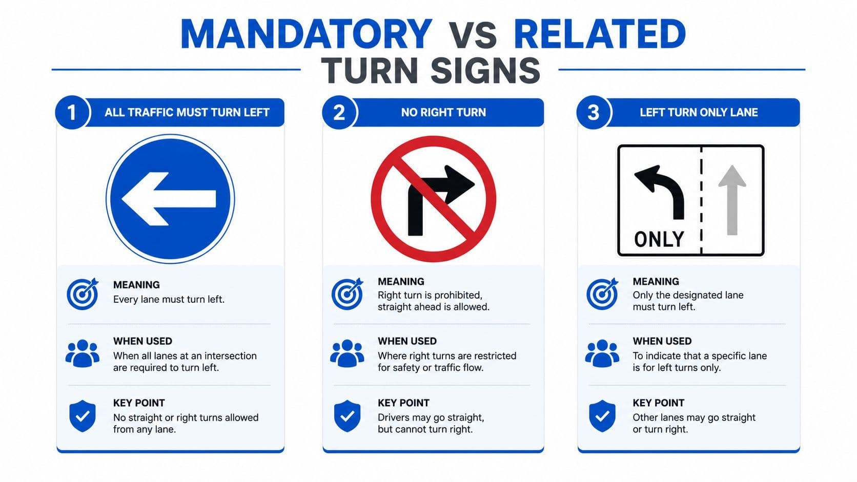 An infographic comparing mandatory and related traffic turn signs with descriptions and meanings for drivers.