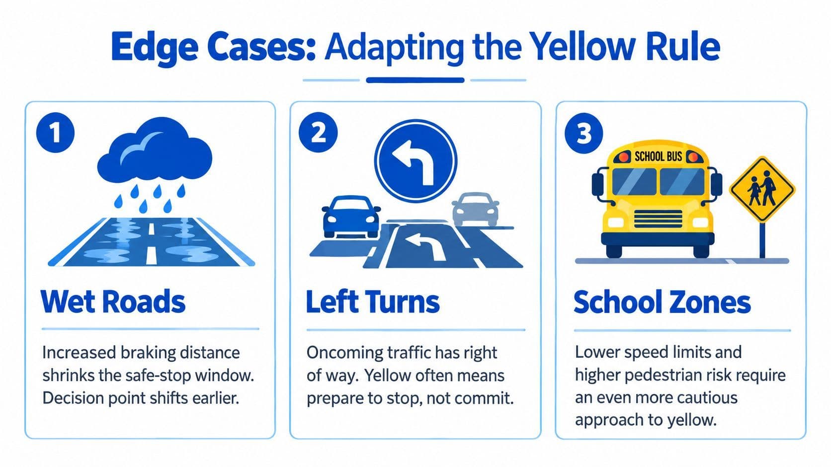 An infographic illustrating three edge cases for adapting to yellow traffic lights: wet roads, left turns, and school zones.