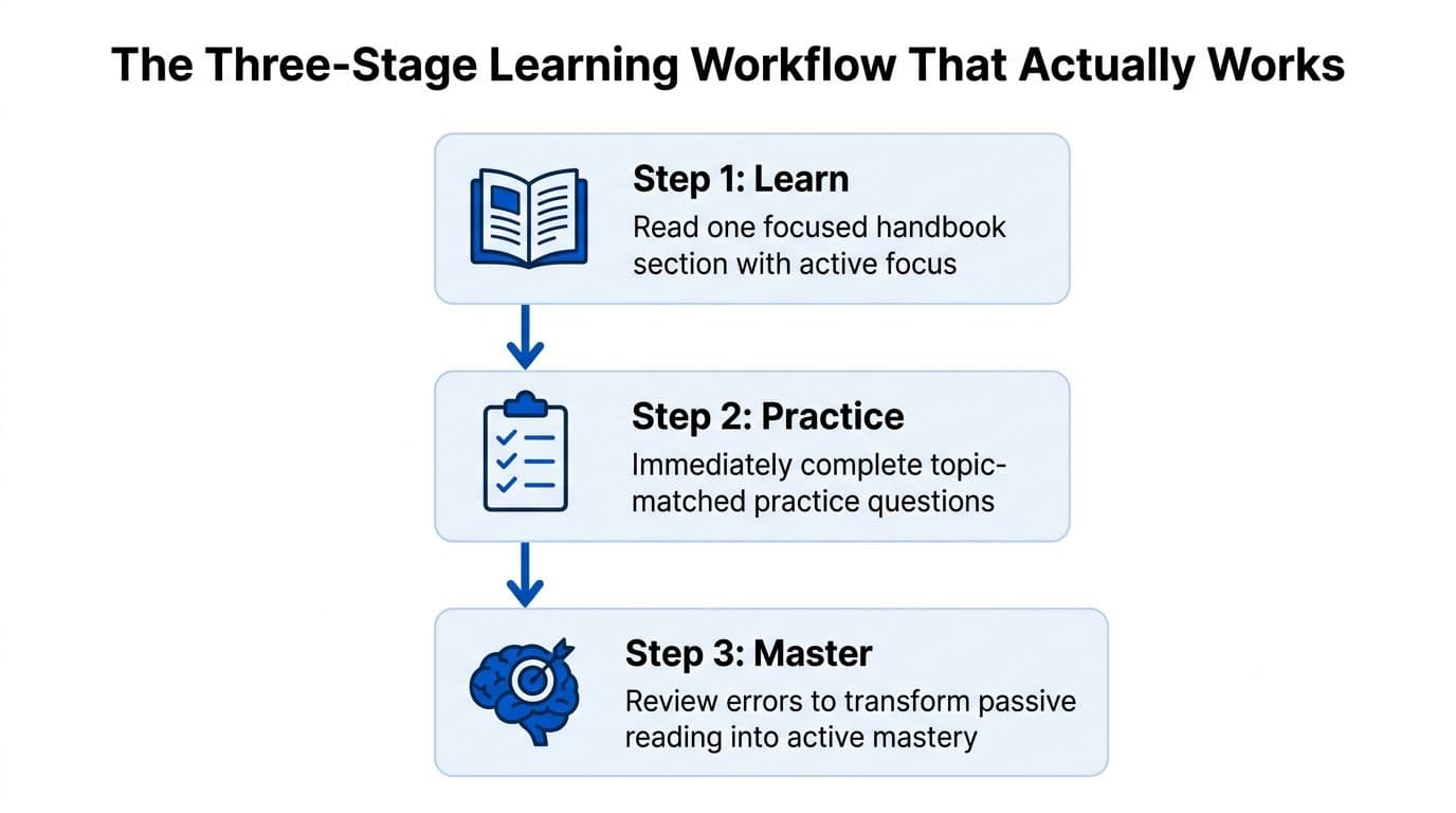 A diagram outlining a three-stage learning workflow consisting of learn, practice, and master steps for effective studying.