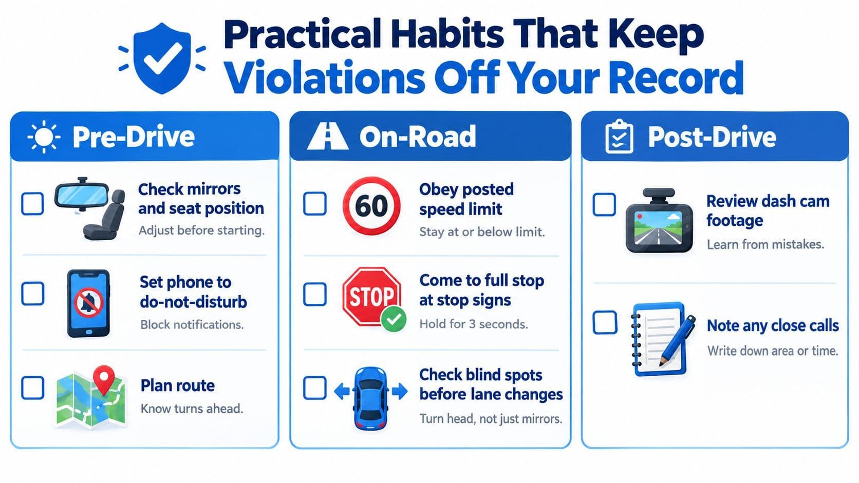 An infographic titled Practical Habits That Keep Violations Off Your Record showing pre-drive, on-road, and post-drive safety tips.