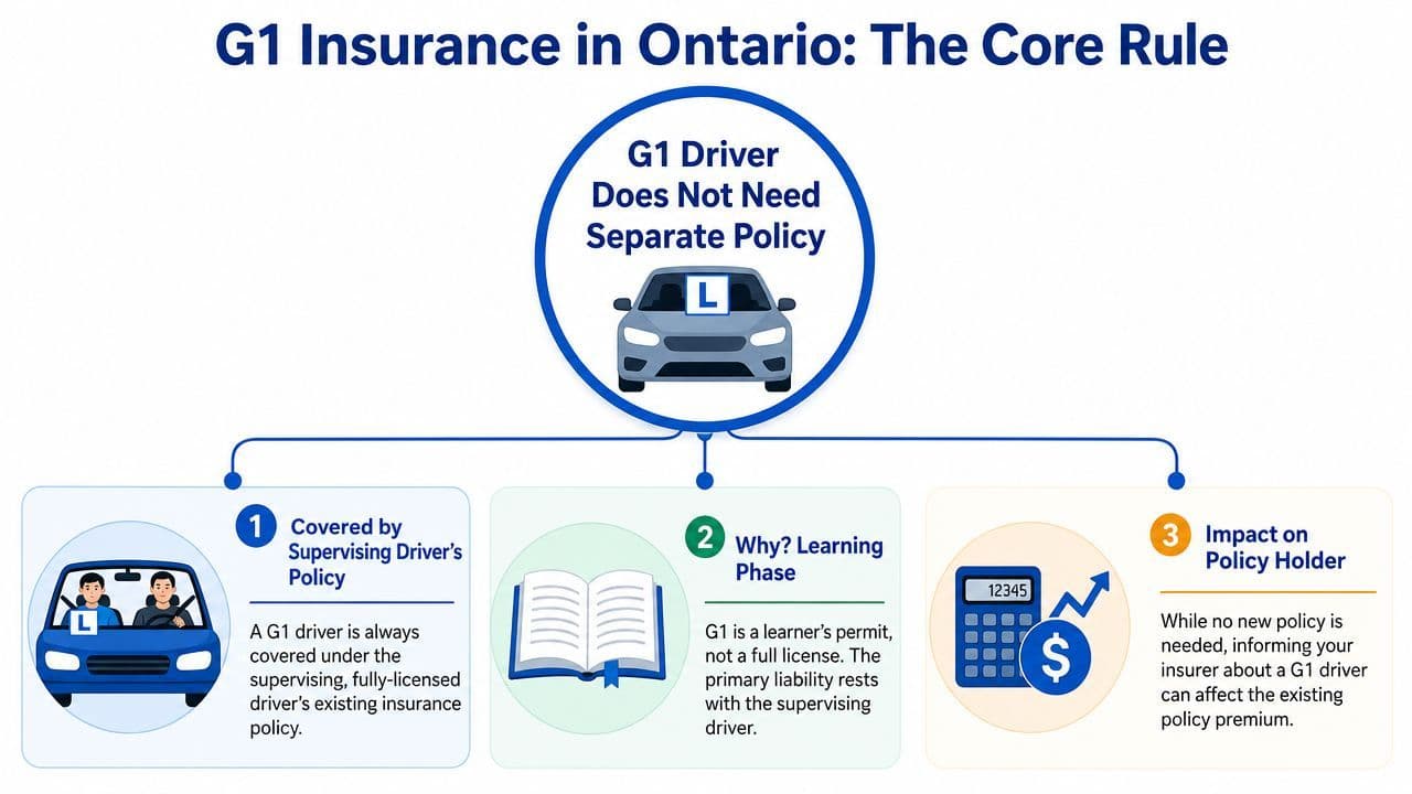 An infographic explaining that G1 drivers in Ontario are covered under their supervising driver's existing insurance policy.