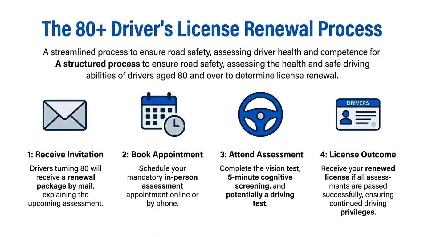 An infographic showing the four-step license renewal process for drivers aged 80 and over.
