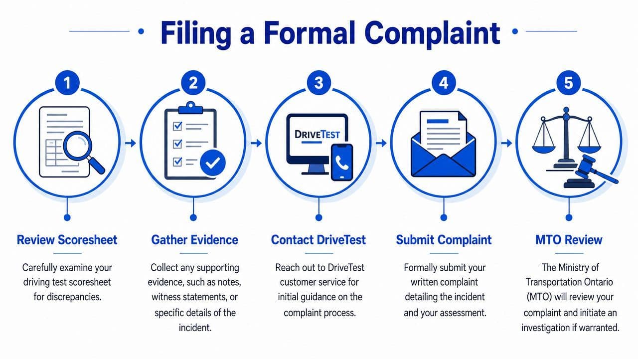 A five-step infographic showing the process for filing a formal complaint regarding a driving test in Ontario.
