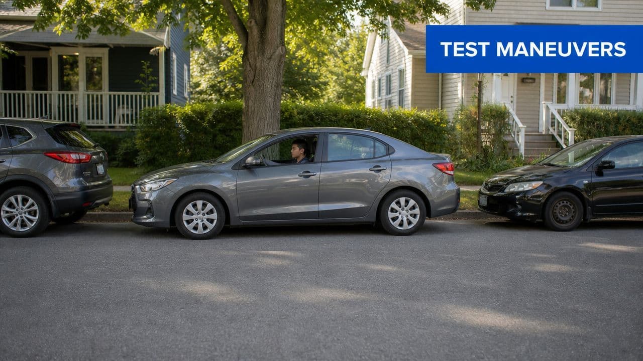 A student practicing parallel parking during their driving test on a quiet suburban street.