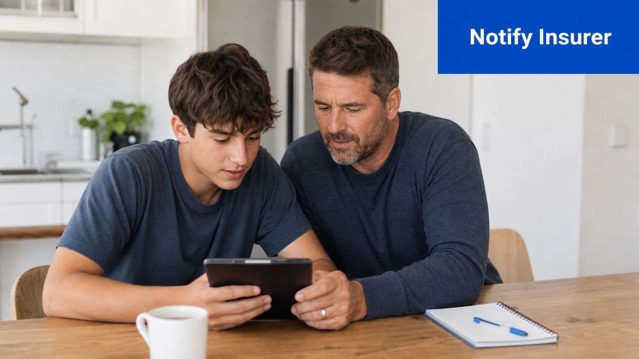 A teenage son and his father looking at a tablet together while sitting at a kitchen table.