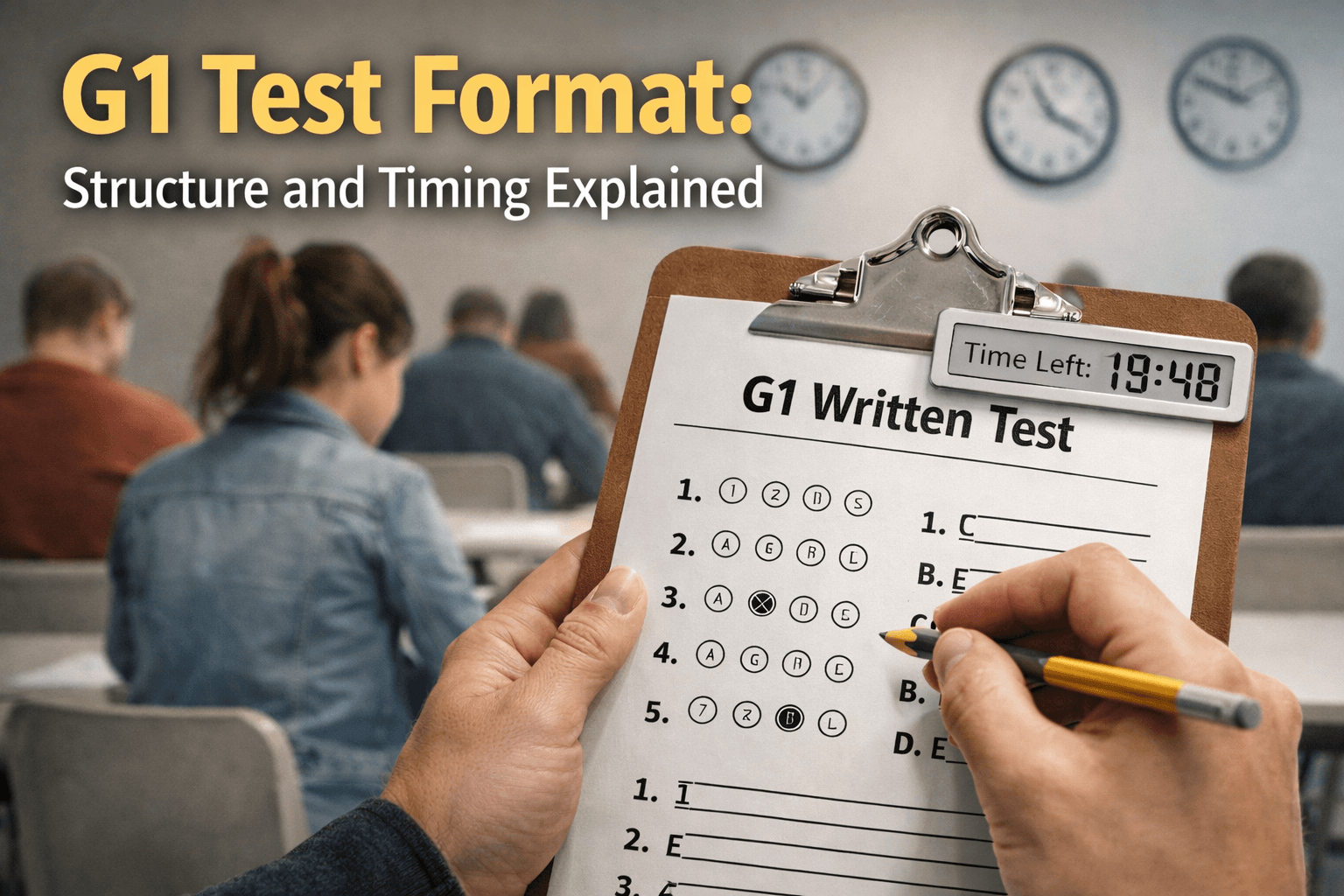 G1 written test format in Ontario showing multiple-choice exam sheet and countdown timer in a DriveTest centre