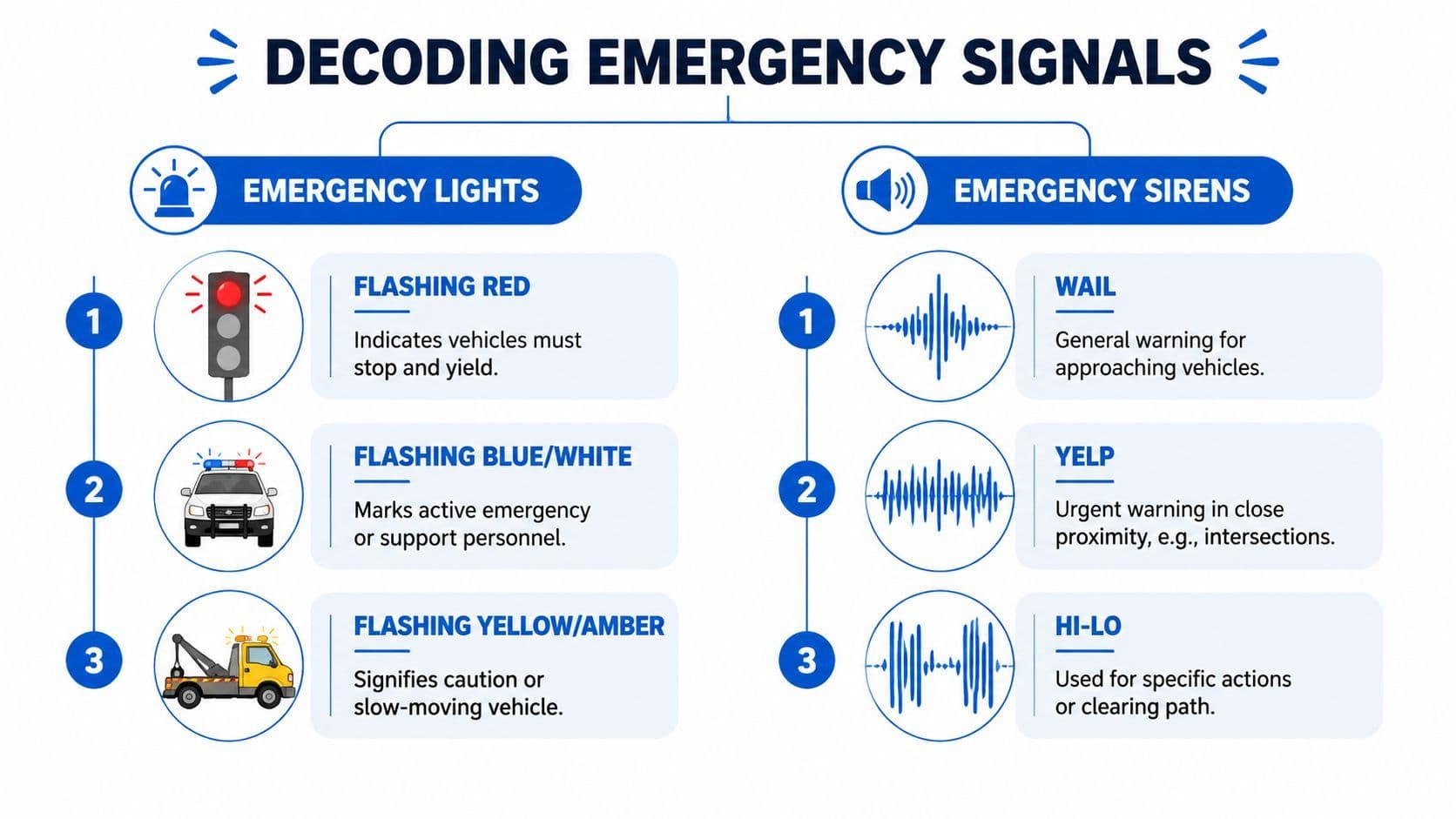A diagram explaining various emergency light and siren signals used for traffic safety and emergency awareness.
