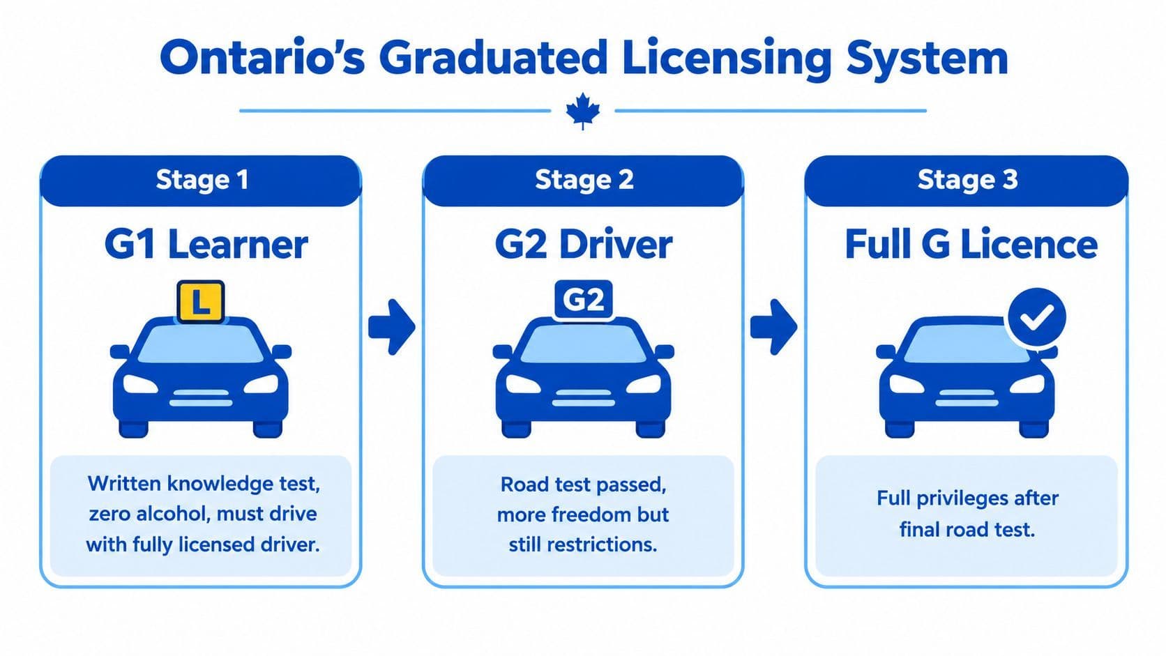 A diagram illustrating Ontario's three-stage graduated driver licensing system from G1 learner to full G licence.
